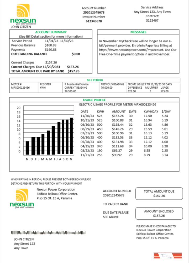 Panama Nexsun Power Corporation electricity utility bill Word and PDF template